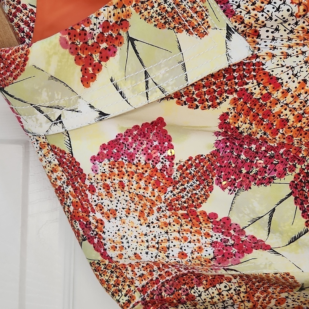 Chico’s Jacket Blazer Art To Wear Womens Sz 3 XL 16 Orange Pink Sequins Ladybugs - Picture 3 of 16